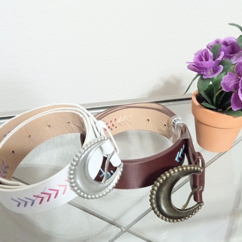 2 Fashion Leather Embroidery Stitched Belts With Decorative Buckles
